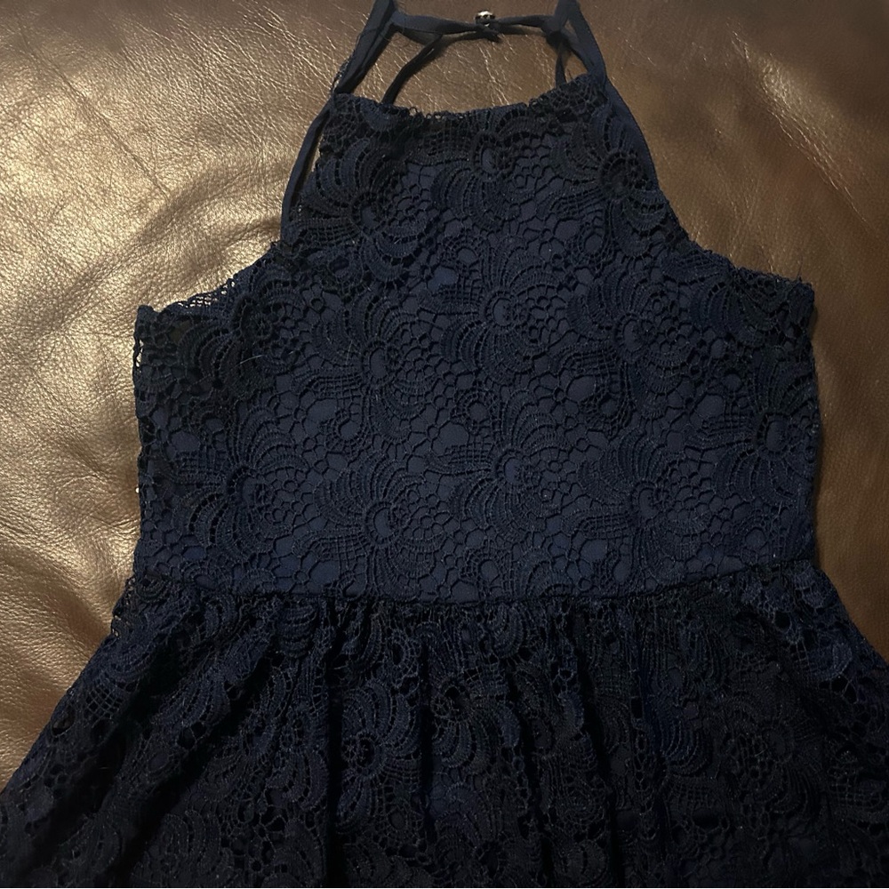 Navy Blue Lace Halter Dress